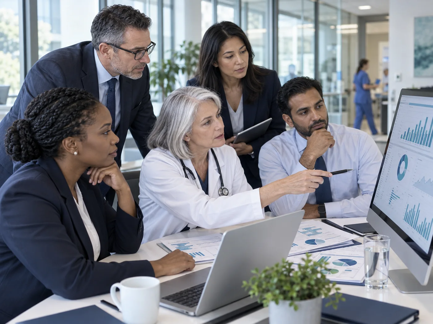 Healthcare revenue cycle leaders reviewing financial performance together